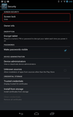 Nexus 7 Security Settings, Screen Lock